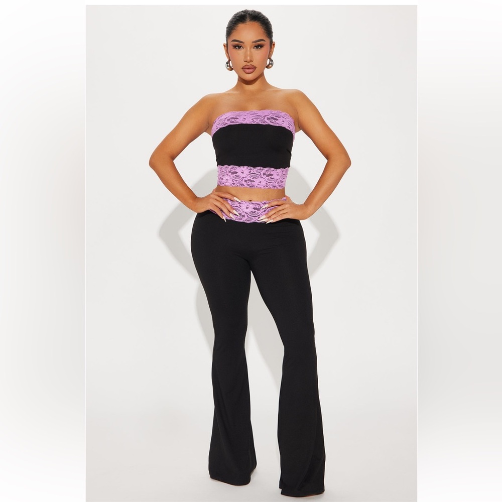 2 piece Flare Pant Set w/ pink lace